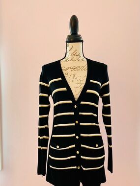 Black and Cream Striped Button-Front Women's Cardigan Size Small